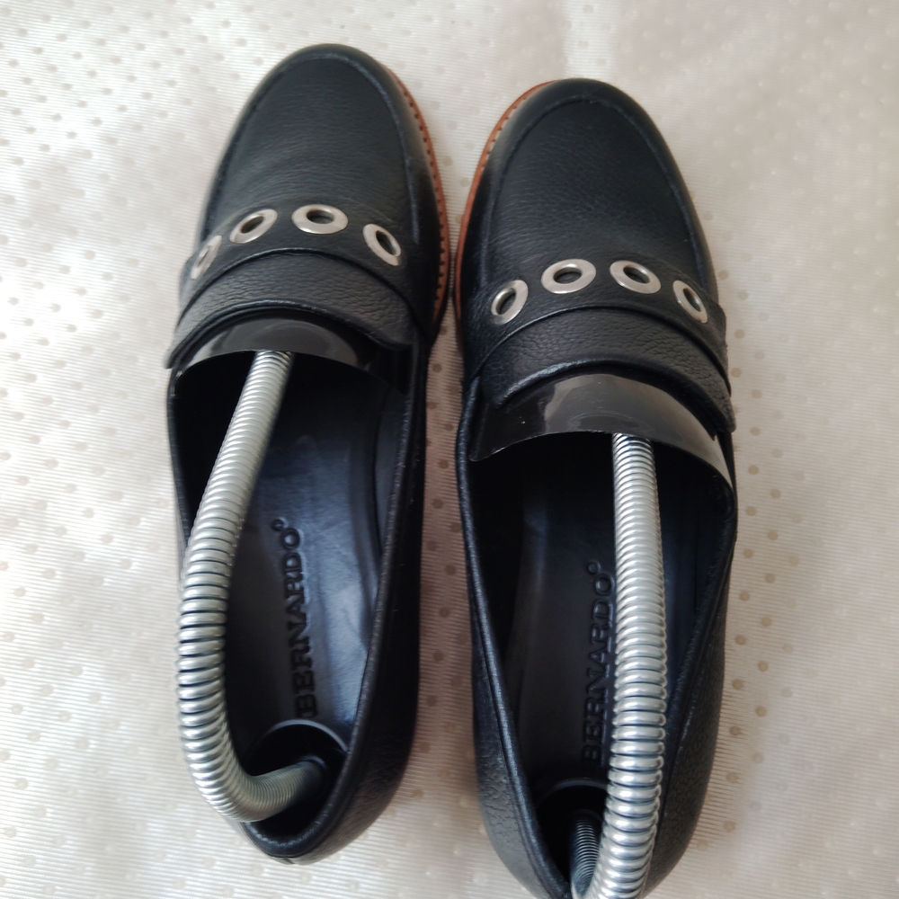 Bernardo Black Leather Loafers with Chain Detail